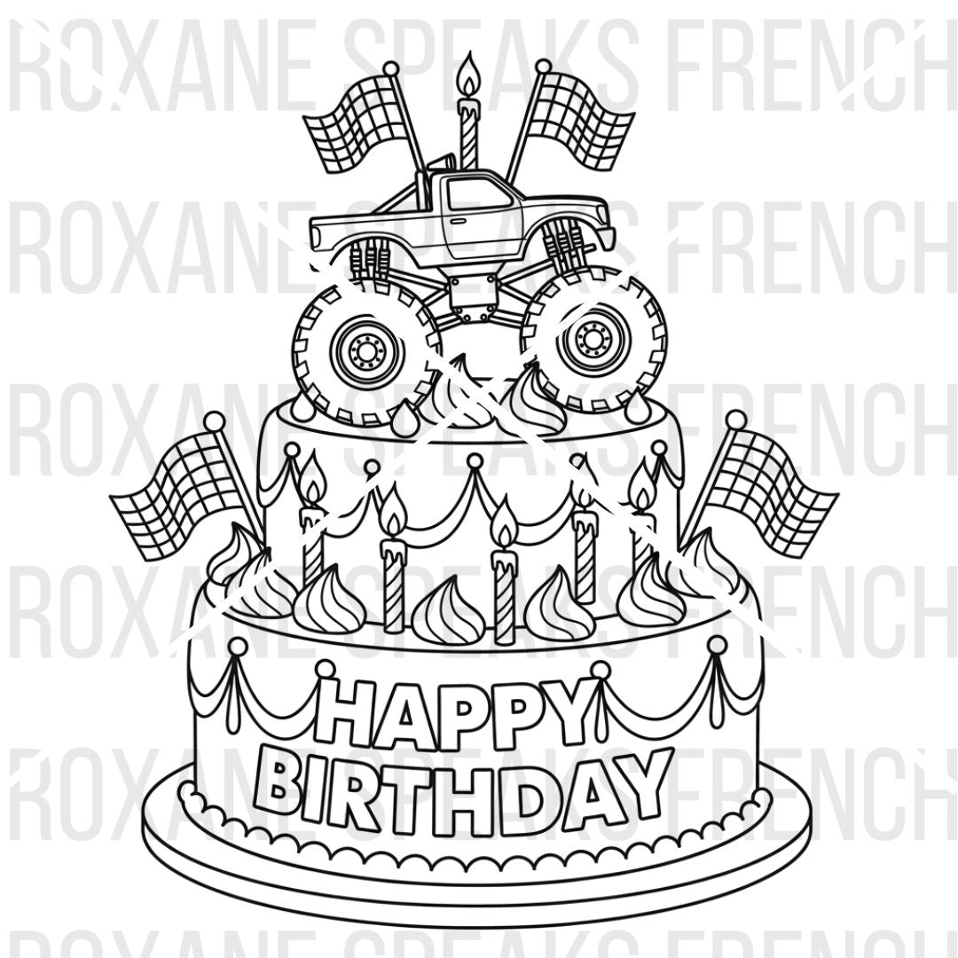 Black and white illustration of a birthday cake with a monster truck on top, featuring 'Happy Birthday' text.