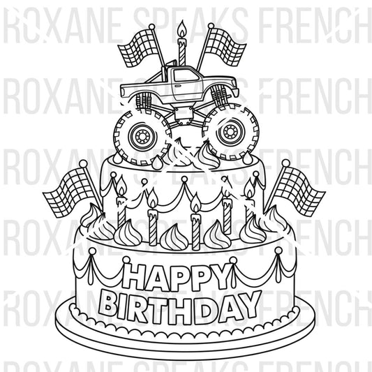 Black and white illustration of a birthday cake with a monster truck on top, featuring 'Happy Birthday' text.