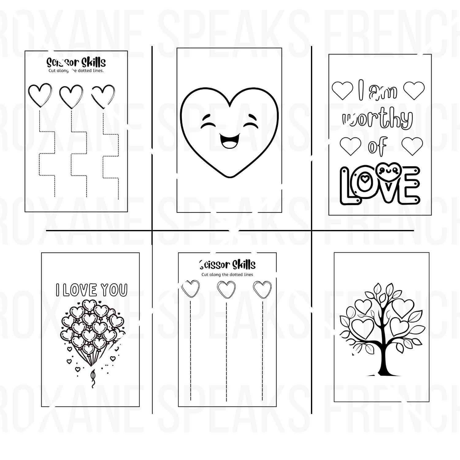A collection of six Valentine-themed coloring and activity sheets featuring: scissors skills practice with zigzag and vertical lines topped with hearts, a smiling heart face, a page with the inspirational quote 'I am worthy of LOVE', a cluster of balloons spelling 'I LOVE YOU', and a heart tree with heart-shaped leaves