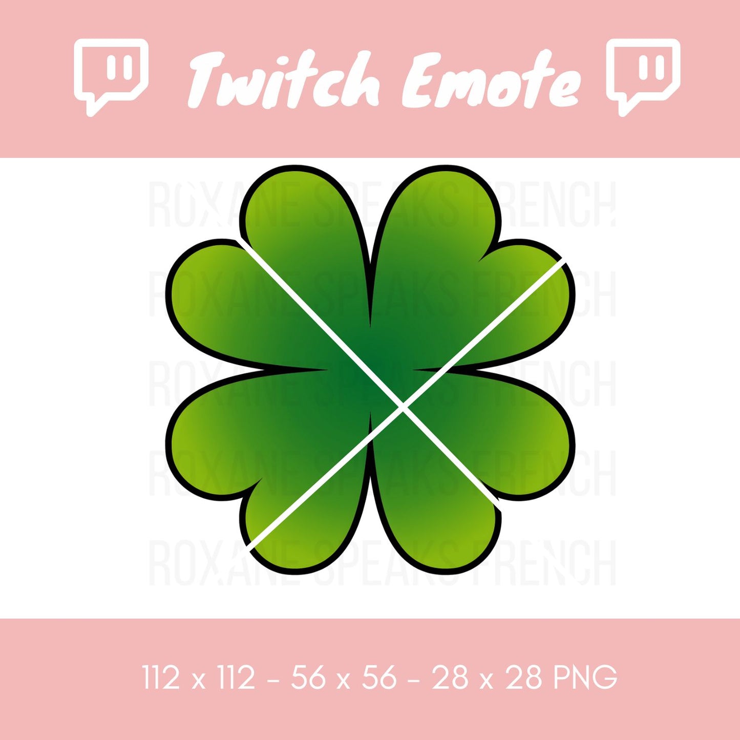 Vibrant green four-leaf clover Twitch emote, symbolizing luck and fortune, perfect for St. Patrick's Day celebrations or adding a touch of Irish charm to your stream