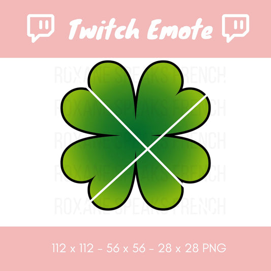 Vibrant green four-leaf clover Twitch emote, symbolizing luck and fortune, perfect for St. Patrick's Day celebrations or adding a touch of Irish charm to your stream