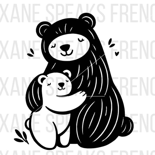 A cute black and whiteSVG  illustration of a mama bear hugging her cub. The design features simple, playful lines with both bears smiling, capturing a heartwarming and affectionate moment. 
