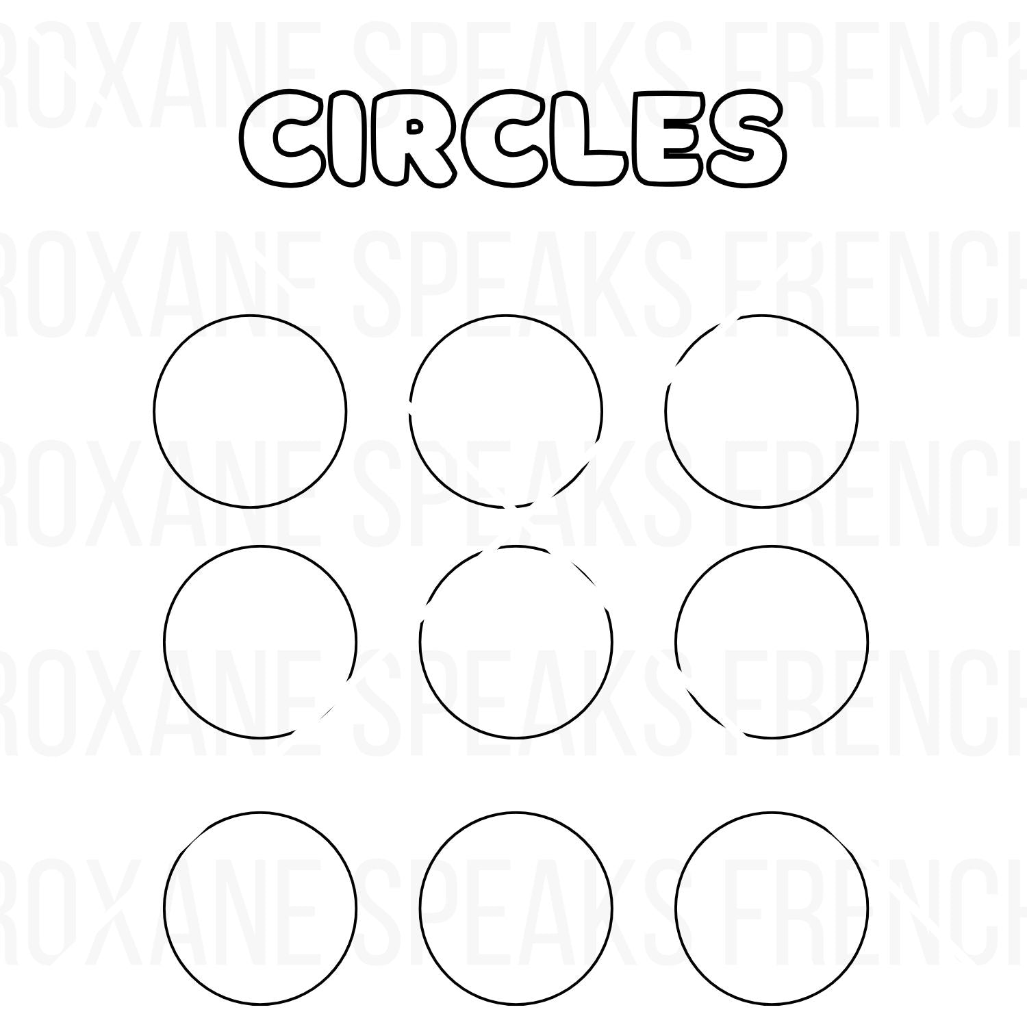 Minimalist circles coloring page with 'CIRCLES' text and a 3x3 grid of nine simple circle outlines