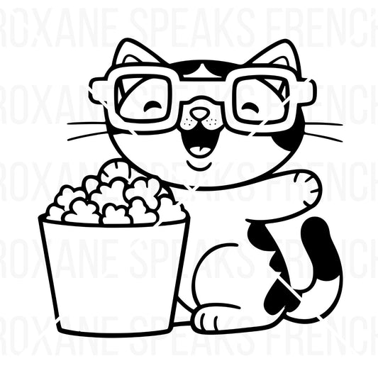 Cute cat with popcorn SVG cut file for Cricut and Silhouette. Cartoon cat wearing glasses, holding a bucket of popcorn. Perfect for movie night crafts, cat lover gifts, t-shirts, and home decor.