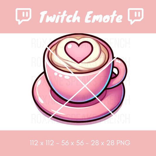 Twitch emote of a vibrant pink coffee cup with a creamy heart-shaped latte art on top, ideal for expressing love and warmth in stream chats