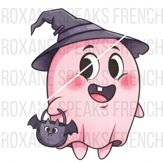 pink ghost clipart with witch hat and bat-themed bag