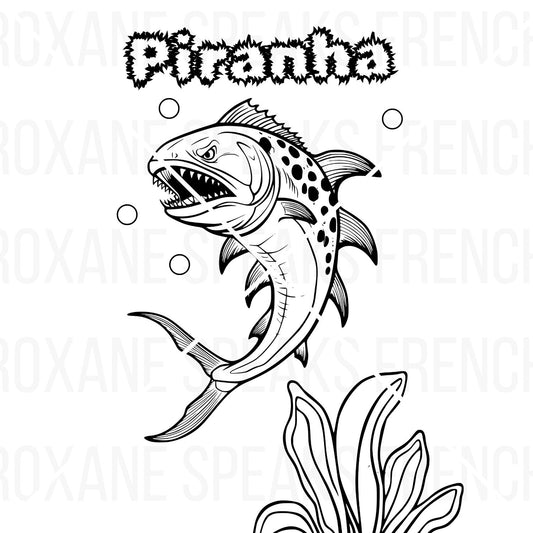 Black and white line drawing of a fierce piranha fish with sharp teeth, spots, and detailed fins, ready for coloring. The word 'Piranha' is stylized above the fish, with bubbles and aquatic plants in the scene. This is a printable piranha coloring page