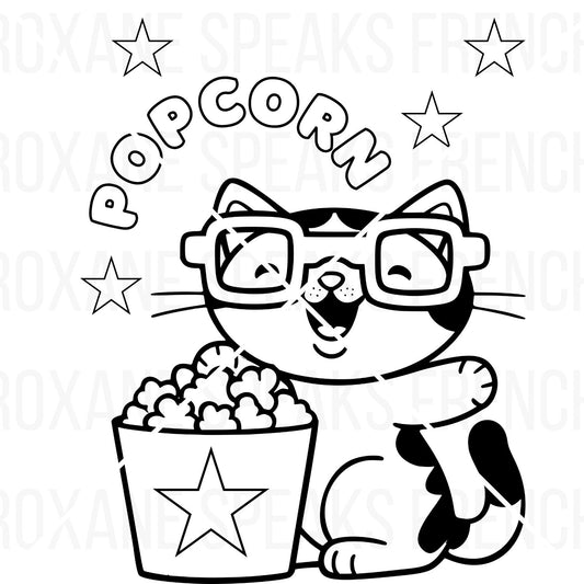 Popcorn coloring page featuring a cute cartoon cat in 3D glasses with a large bucket of popcorn, 'POPCORN' text, and decorative stars.