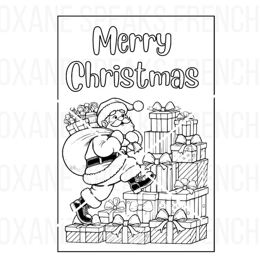 Santa Claus carrying a sack of presents climbing a staircase of gift boxes, with the text 'Merry Christmas' at the top, in a festive black-and-white coloring page design