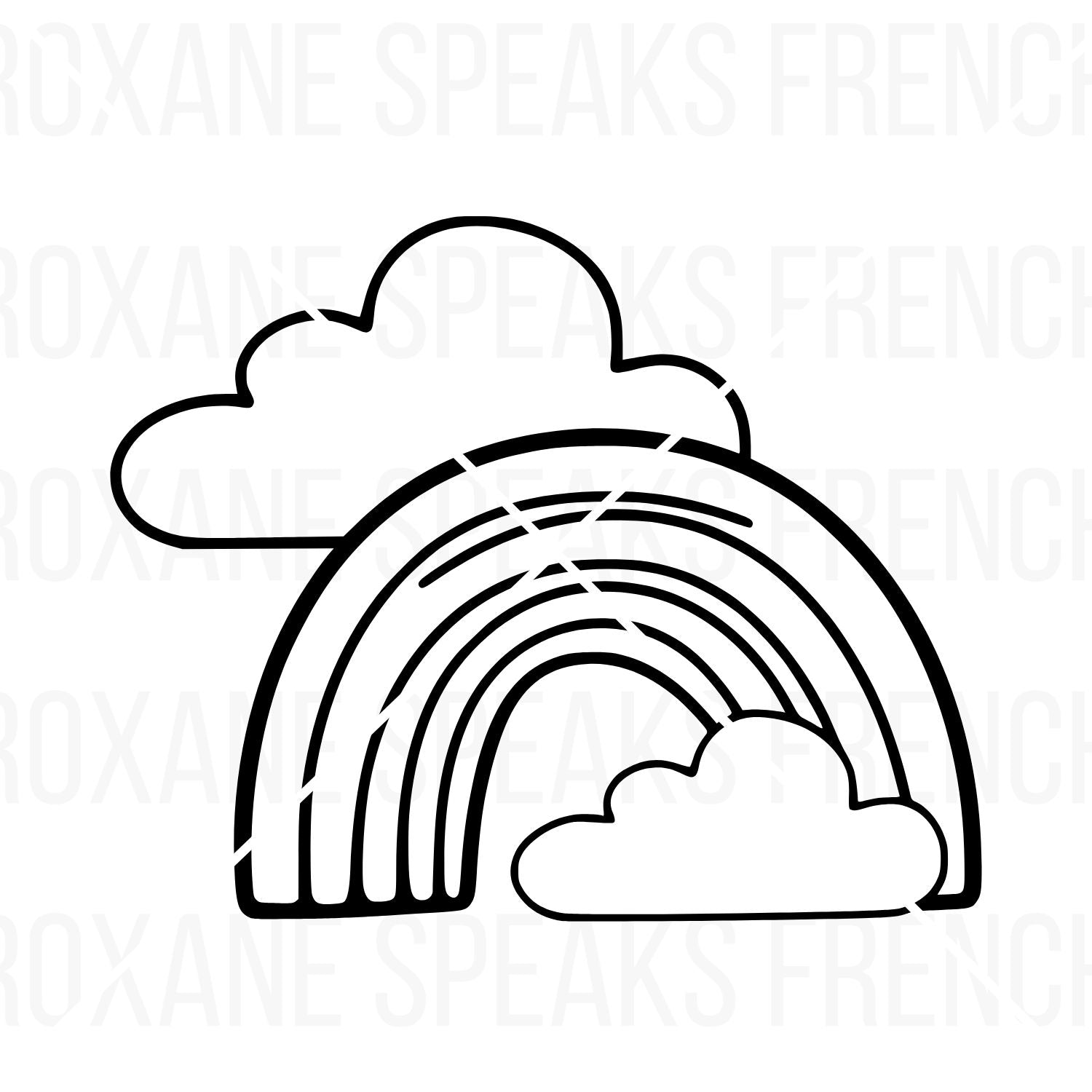 Coloring page featuring a classic arched rainbow with multiple bands, nestled between two fluffy clouds.