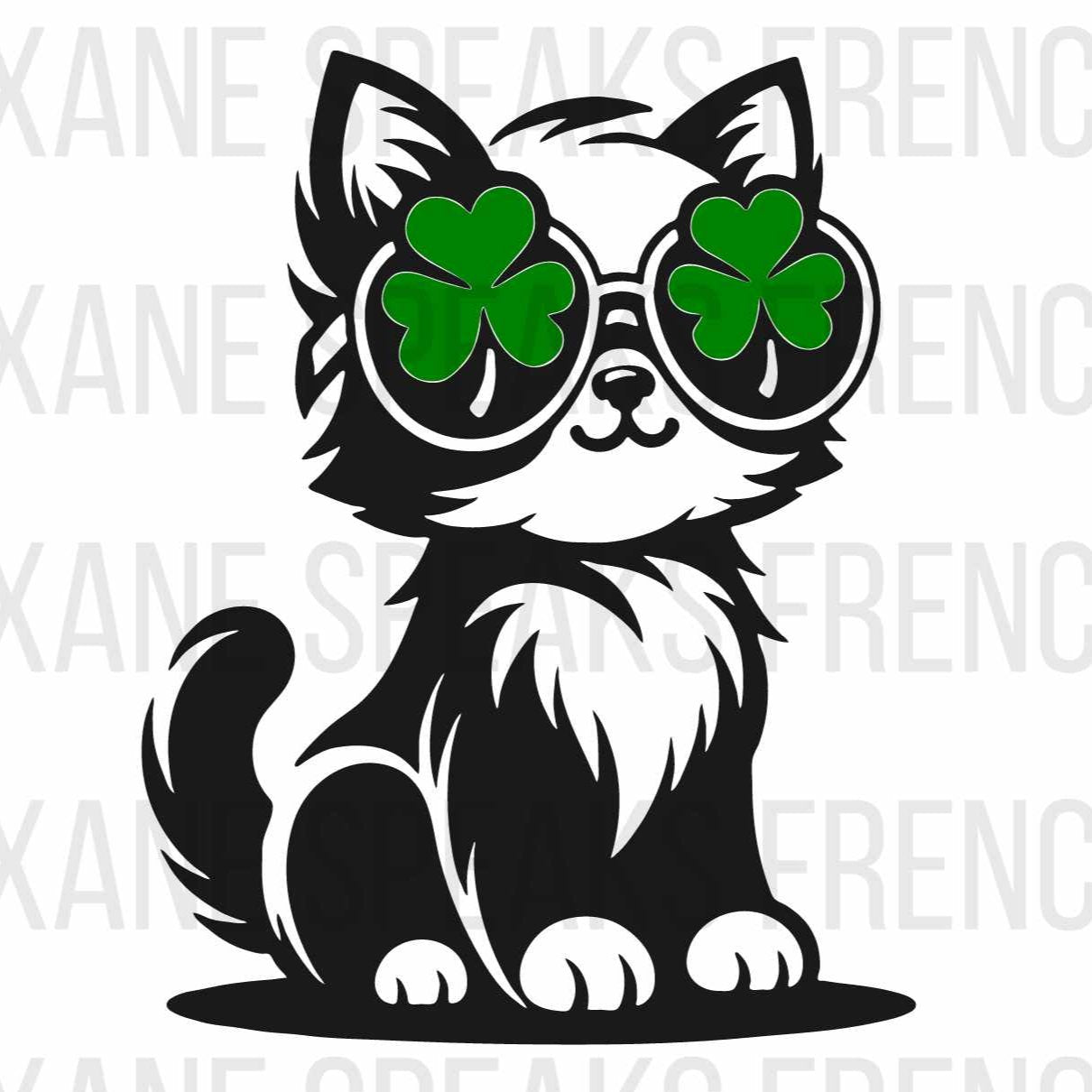 Cool Siamese cat wearing green shamrock sunglasses SVG design for St. Patrick's Day crafts