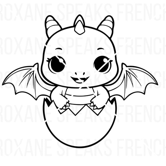 Simple baby dragon hatching from an egg SVG clipart in black and white outline.