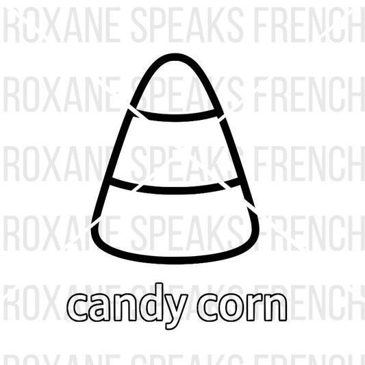 Black outline of a candy corn with 'candy corn' text below on a white background with 'ROXANE SPEAKS FRENCH' text.