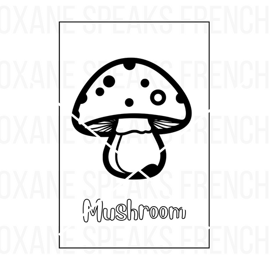 A black-and-white simple mushroom coloring page with bold outlines and the word "Mushroom" written in a playful font below the illustration. Ideal for kids' crafts and learning activities.