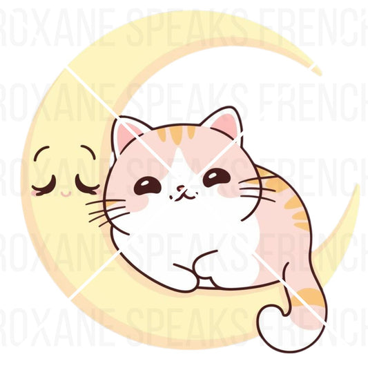 Cartoon cat sitting on a yellow crescent moon with a white background
