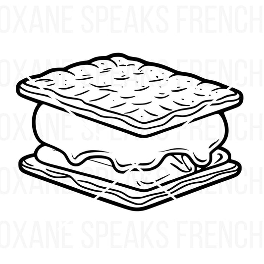 Black and white S’mores SVG with a marshmallow, chocolate, and graham crackers stack, perfect for DIY crafts and camping-themed projects