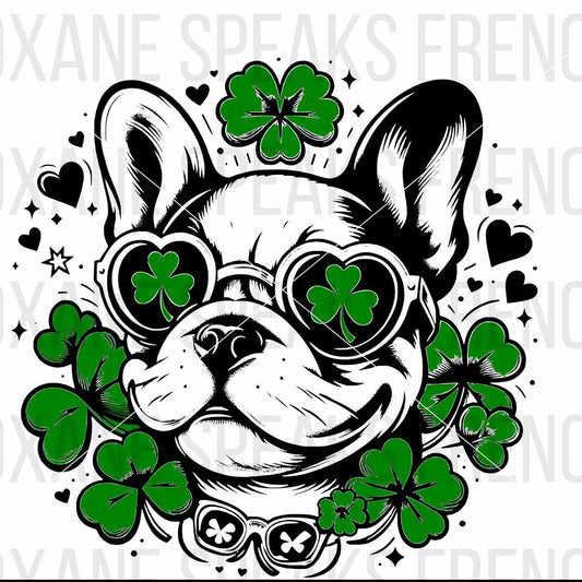 Illustration of a French Bulldog wearing shamrock-shaped sunglasses, surrounded by clovers and hearts, available in SVG and PNG formats