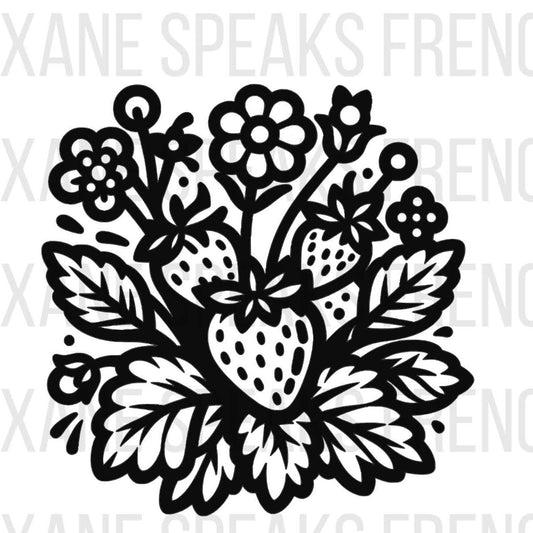 Black and white SVG illustration of a strawberry plant. The design features detailed leaves, flowers, and strawberries, creating a lush and intricate pattern. The strawberries are prominently displayed among the leaves and flowers.