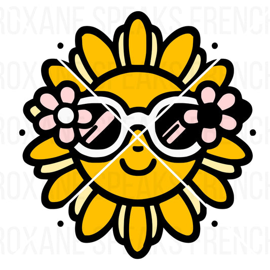 Retro sun with sunglasses clipart, shown as a black outline SVG of a cool sun character for summer beach or vacation crafts.
