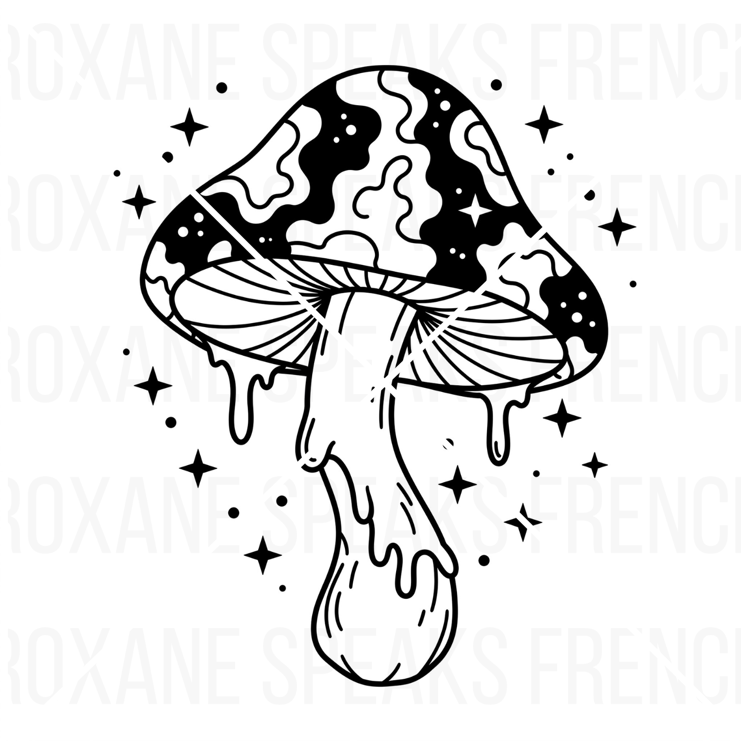 Black outline trippy mushroom design with melting effect and scattered stars, perfect for SVG cutting machines. White background