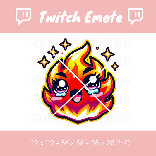 Colorful Twitch flame emote featuring a cute, animated fire character with large, teary eyes and sparkling stars, ideal for enhancing live stream interactions. Available in multiple sizes (112x112, 56x56, 28x28 pixels) for optimal visibility on Twitch chats.