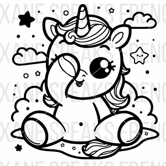 Black and white illustration of a baby unicorn SVG sitting on a cloud, surrounded by stars and clouds, with a playful and whimsical expression. 