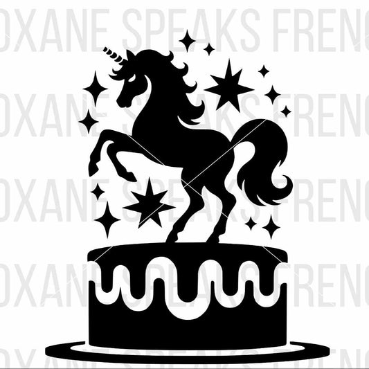 Unicorn with stars SVG - a black silhouette of a rearing unicorn surrounded by stars, perfect for DIY crafts, party decor, and cake toppers