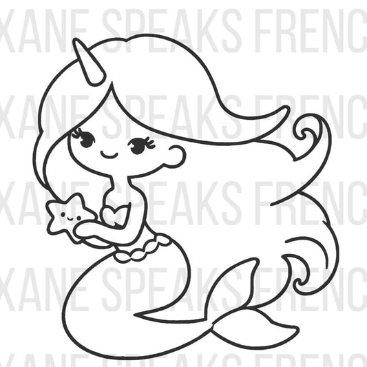 Outline of an unicorn mermaid SVG holding a starfish, ready for download.