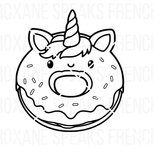 Outline vector illustration of a donut with unicorn features, including ears and a horn, designed for crafting and SVG projects.