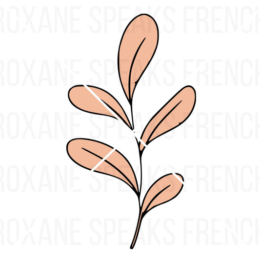 A black and white line art illustration of a peach wavy leaf, in a minimalist botanical style.